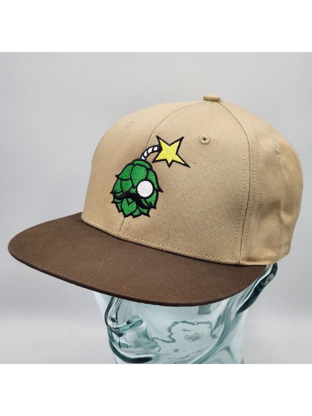 Beer Snobiety Snapback Flatbill Hat Embroidered Green Hop Bomb Logo Tan Brown
